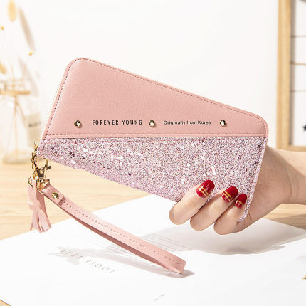 long wallet women‘s zipper wallet stitching contrast color tassel all-match card holder mobile phone bag