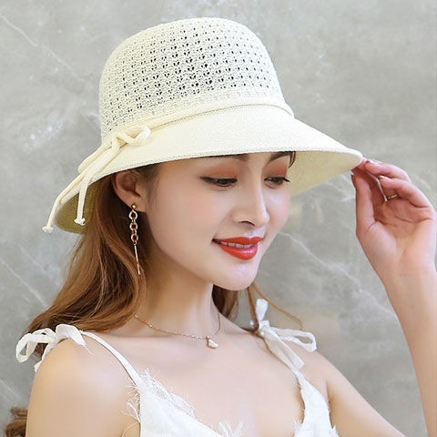 [Foldable] Sun Hat Women‘s Korean-Style Summer round Face Beach Hat Travel Straw Hat Bucket Hat Bucket Hat