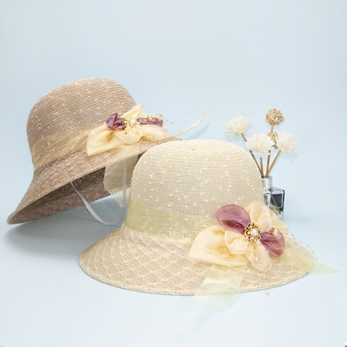Summer Imitation Raffia Women‘s Sun Hat Korean Style Sunscreen Lace Straw Hat Travel Big Brim Mother Bucket Hat