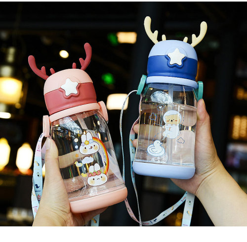 Children‘s Cups Cup with Straw Cartoon Antlers Summer Plastic Cup Kindergarten Baby Student Large-Capacity Water Cup Wholesale