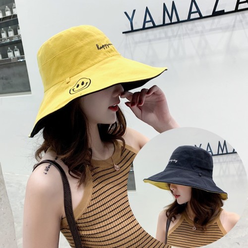 Reversible Fisherman Hat Children‘s Ins Fashion Korean Style Japanese Style Spring and Autumn Fashion All-Matching Big Brim Sun-Proof Smiley Face Sun-Proof Basin Hat