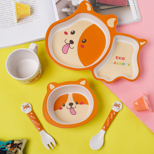 creative new bamboo fiber children‘s tableware cartoon bowl plate fork spoon cup five-piece grid plate gift box