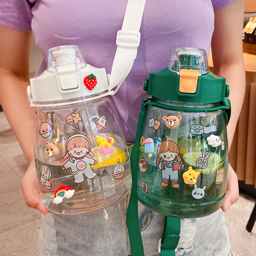 Internet Celebrity Big Belly Cup Large Capacity High Temperature Resistant Cartoon Sticker Water Bottle with Mobile Phone Holder Bounce Cover Straw Cup