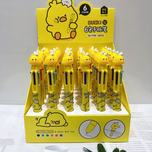 keqi korean style yellow duck multi-color pen six-color ballpoint pen cute cartoon student stationery mark painting journal pen
