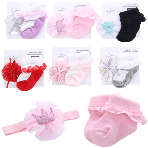 new cotton european and american bowknot baby socks cute princess lace baby socks hair band set