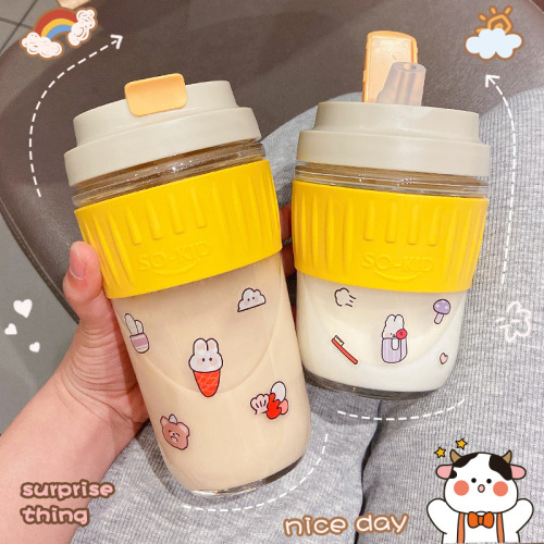 double drink glass water cup female cup with straw ins cute adult coffee cup car milk breakfast cup portable