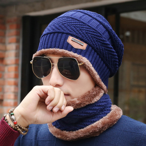 men‘s winter hat amazon thickened korean fashion knitted pullover with velvet warm hat cold-proof youth cotton hat