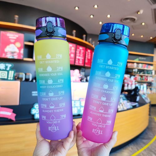 Gradient Color Water Bottle Frosted Space Cup Portable Rope Bouncing cover Cup 1000Ml Outdoor Fitness Sports Bottle