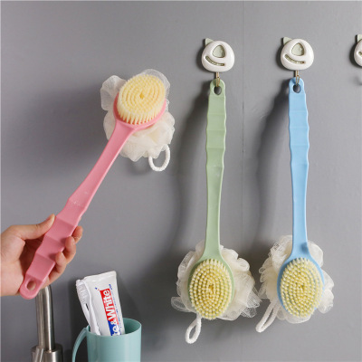 Long Handle Soft Fur Double-Sided Two-in-One Bath Brush Back Scrubbing Brush Bathroom Hanging with Mesh Sponge Bath Brush Wholesale