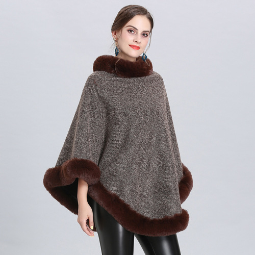 European and American New Imitation Fox Fur Collar round-Neck with Fleece Lining Pullover Cloak Knitted Cape and Shawl Women