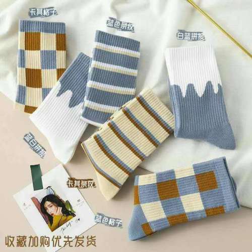blue socks women‘s mid-calf socks milk plaid women‘s socks spring and summer stockings ins trendy japanese women‘s cotton socks