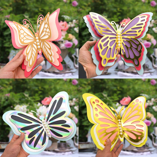cross-border 3d hollow butterfly wall stickers four-layer pearlescent paper butterfly wedding holiday decoration simulation butterfly stickers