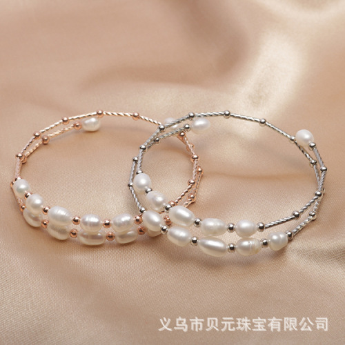 In Stock Wholesale Fashion Temperament Freshwater Pearl Bracelet 5-6mm Double Circle Pearl Wristband Bracelet Women‘s
