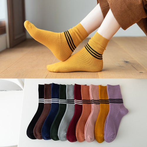 Autumn and Winter Women‘s Vertical Stripes Double Needle Pile Socks Japanese Three Bars Combed Cotton Mid-Calf Socks Solid Color Cotton Stockings