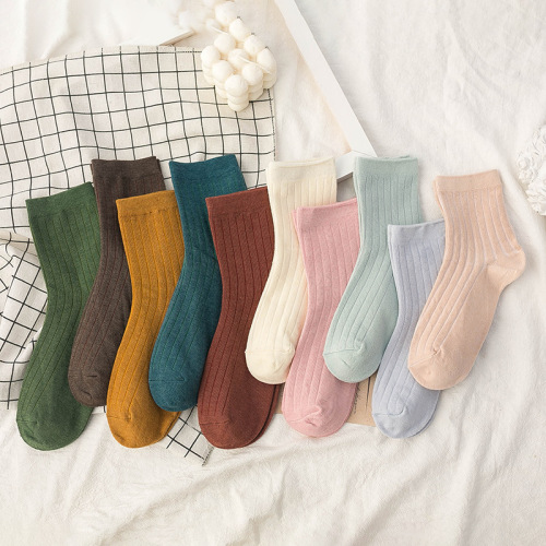 Autumn and Winter Socks Mid-Calf Solid Color Cotton Socks Cotton Sweat-Absorbent Breathable Stockings Vintage Imitation Double Needle Striped Socks Wholesale