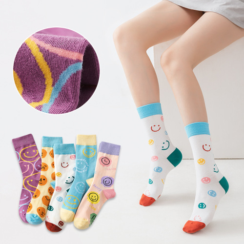 autumn and winter socks women‘s mid-calf socks cute expression bag smiley face socks ins tide socks breathable sweat absorbing color matching women‘s cotton socks