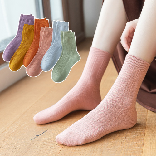 autumn and winter ladies striped double-needle wool socks solid color super soft comfortable mid-calf socks japanese casual socks women‘s cotton socks