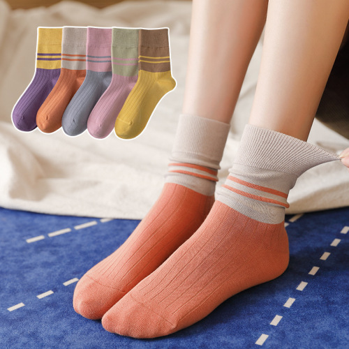 Autumn and Winter Women‘s Vertical Stripes Double-Needle Pile Socks Japanese Style Two-Bar Color Matching Xinjiang Long-Staple Cotton Mid-Calf Socks