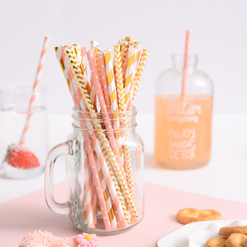 Yao Sheng Disposable Straws Degradable Paper Straight Tube Amazon Pink Gold Mixed Color Series 100 Pieces