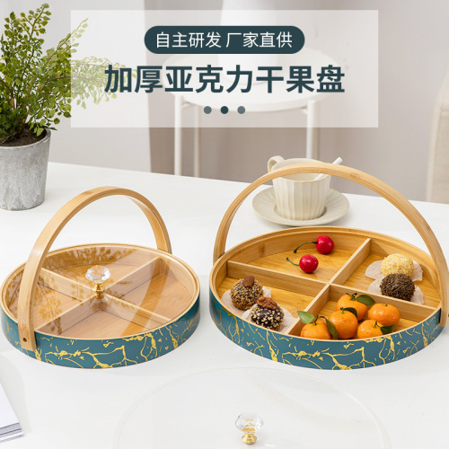 round bamboo dried fruit plate acrylic wooden nut plate with lid household tea room snack candy plate factory wholesale