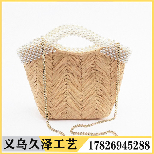 new Imitation Pearl Shoulder Straw Bag Hand Woven Women‘s Bag Fashion Beach Bag 