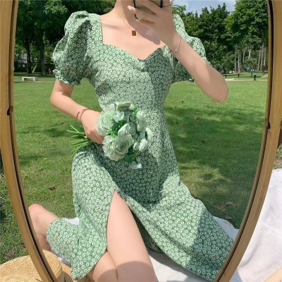 Women's French-Style Square Collar Floral Dress 2022 Summer New Korean Style Elegant Slimming Slit Puff Sleeve Dress