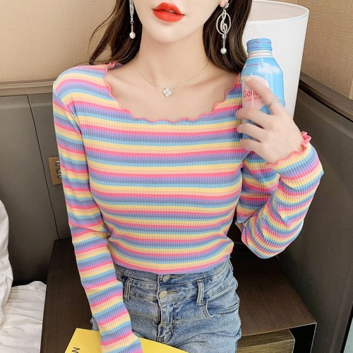 2022 new striped long-sleeved t-shirt women‘s spring and autumn bottoming shirt with wooden ear collar curling slim top