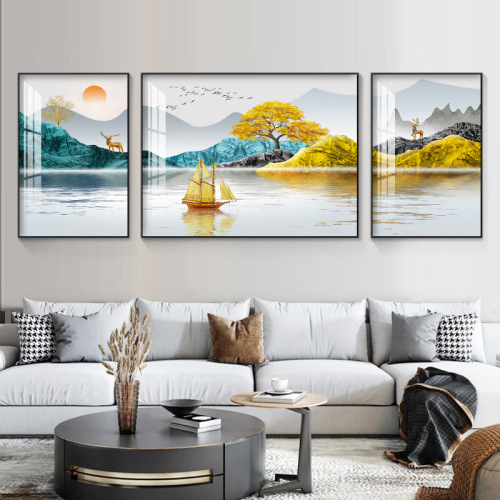 new chinese living room decorative painting triple painting landscape painting sofa background wall mural crystal porcelain painting and painting