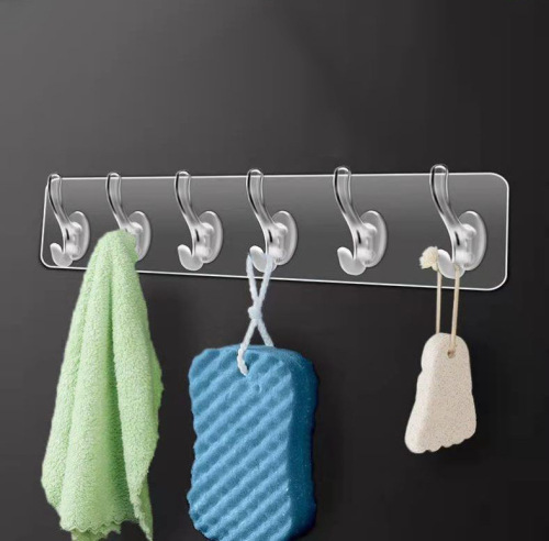 New Transparent Six-Row Hook Punch-Free Seamless 6-Row Strong Hook Bathroom Wall-Mounted Paste Coat Hanging