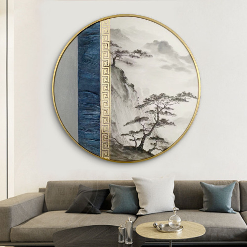 New Chinese Entry Corridor Tea Room Zen Landscape Mural Sofa Background Modern Decorative Painting Hallway round Hanging Painting 