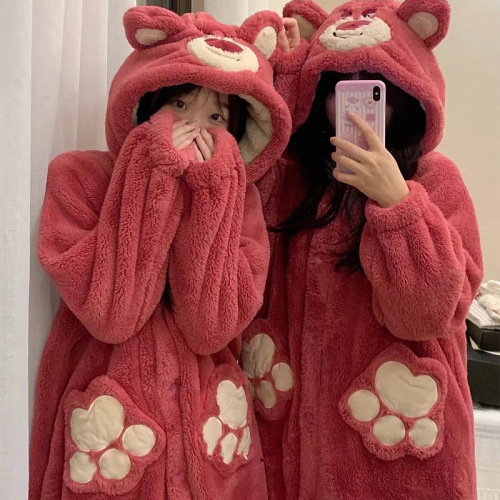 autumn and winter coral fleece cartoon nightgown for women sweet cute student thickened strawberry bear nightdress plush pajamas