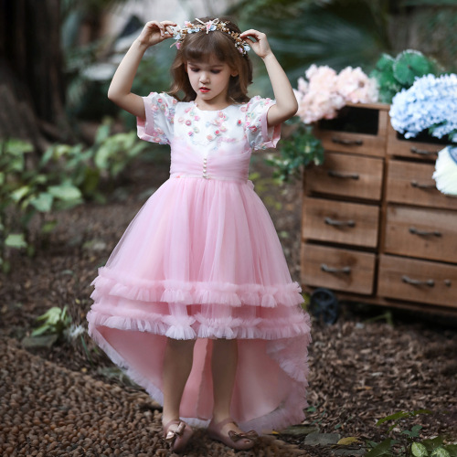 AliExpress New Girls Dress Princess Dress Mesh Flower Pettiskirt Small and Medium Children Short Sleeve Tail Performance Costume 