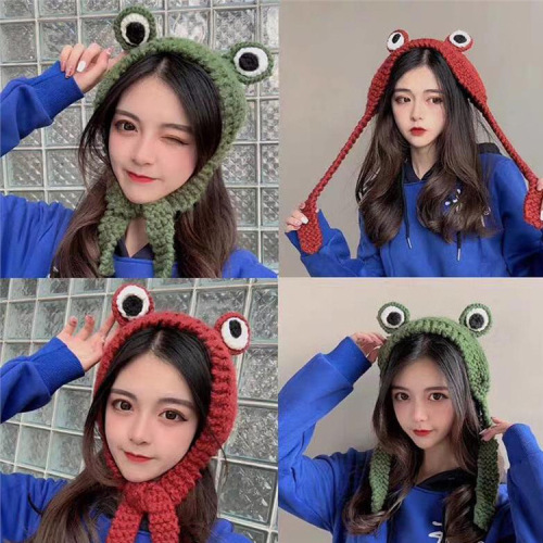 Frog Knitted Wool Hat Female Autumn and Winter Sweet Cute Korean Style Headwear Woven Head Cover Green Hat Tide Earmuffs 