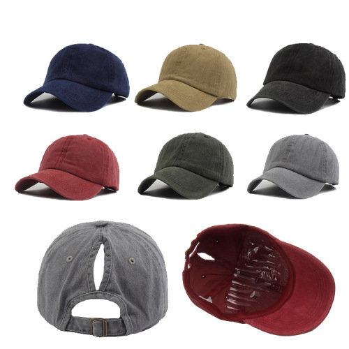 foreign trade hat female summer washed ponytail baseball cap spring and autumn distressed outdoor sun hat solid color cap embroidery