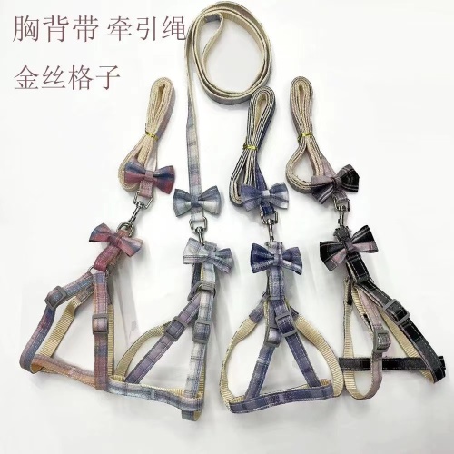 factory wholesale new gradient color plaid cloth with gold and silver wire and chest back adjustable double bow traction rope
