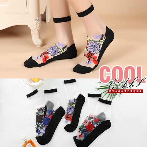 summer ultra-thin non-slip stockings women‘s summer new crystal silk breathable anti-snagging mid-calf cotton base women‘s silk socks