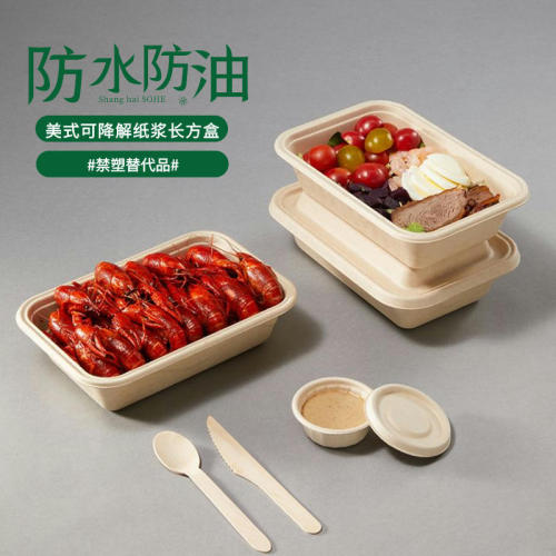 Disposable Degradable Pulp Lunch Box Light Food Take-out Wheat Straw Tableware Sugarcane Pulp Packing Box American Rectangular