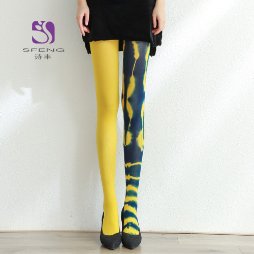 Personalized European and American Style Yellow Green stitching Medium-Thick Pantyhose