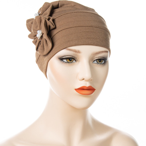 2021 amazon new pearl flower headscarf hat ethnic style indian pile heap cap women‘s closed toe bottoming hood