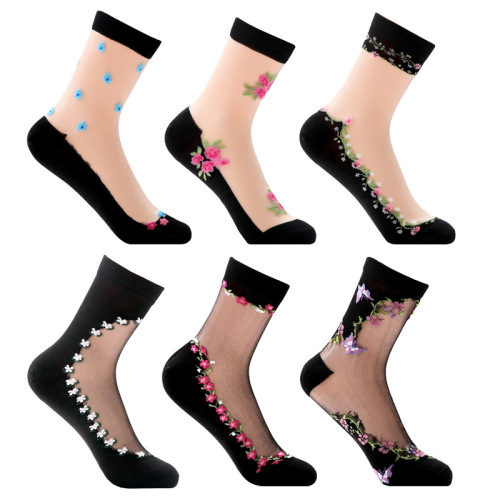 neiss spring and summer new crystal stockings women‘s mid-calf flowers sexy thin anti-snagging transparent cotton-padded stockings