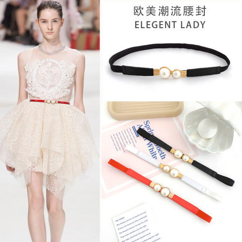 european and american style elegant retro pearl buckle thin belt women‘s dress elastic elastic belt hook narrow waist seal