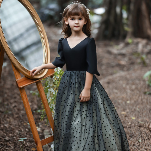 French Children‘s Princess Dress Spring and Autumn Girl‘s Black Piano Performance Dress Little Girl‘s Birthday Catwalk Evening Dress 