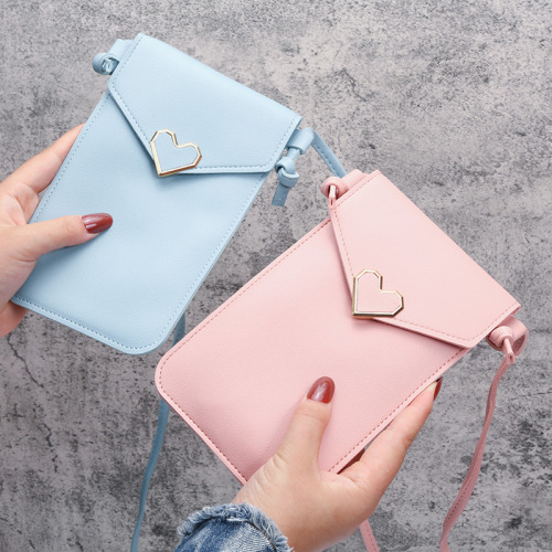 Spot Mobile Phone Bag Student Hasp Small Bag Women‘s Heart-Shaped Decoration Transparent Touch Screen Simple Retro