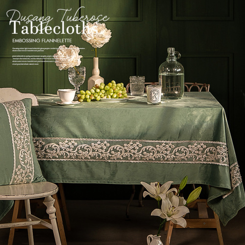 American Light Luxury Dark Green Tablecloth Nordic Velvet Rectangular Coffee Table Fabric Embroidered Lace Tablecloth