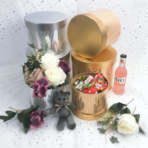 golden vertical stripes hug bucket gift box three-piece creative lid gift box flowers gift box