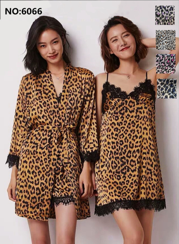 sexy leopard print pajamas women‘s spring summer suspenders nightdress ice silk robe two-piece suit with chest pad sexy sleepwear