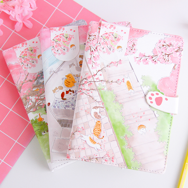 cherry blossom cat color page pink girl heart leather surface buckle this day series small qing novice book notebook stationery notes