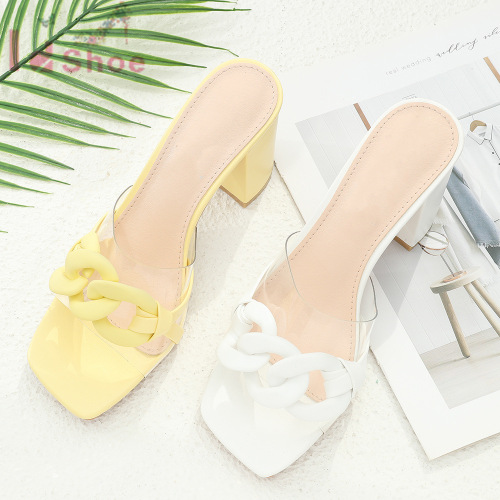 summer new slippers guangzhou women‘s shoes socialite style sweet open toe square toe chunky heel high heel elegant women‘s sandals