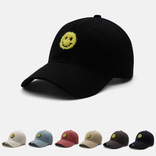 korean style new men‘s and women‘s hat smiley face paste cloth embroidery peaked cap spring and summer soft top baseball cap tide brand hat tide