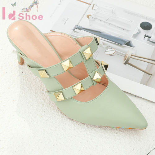 fashion slippers guangzhou women‘s shoes stiletto mid-heel rivet closed toe half slippers female new high heels handcraft shoes